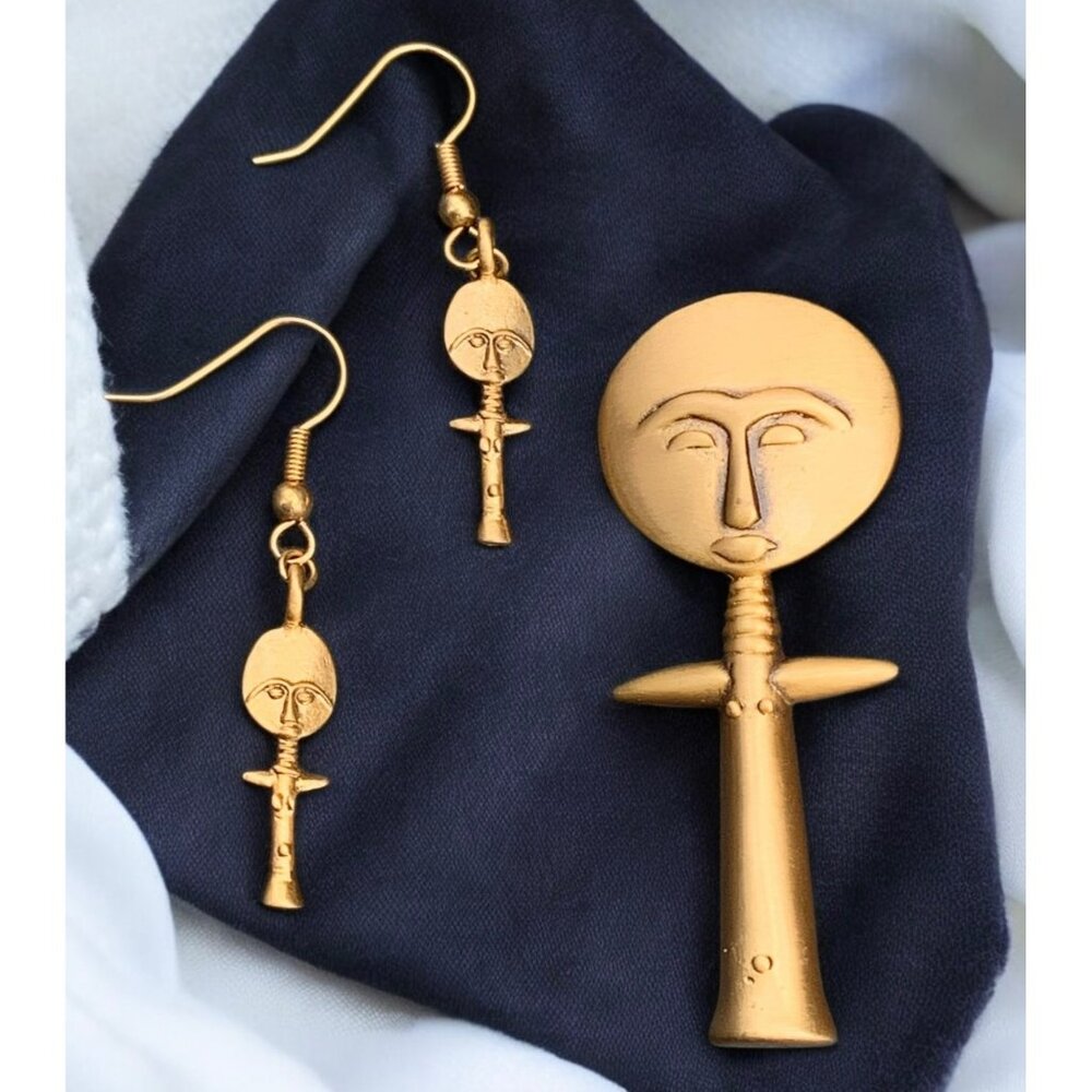 Vtg African Fertility Goddess Gold Tone Earrings & Brooch Pin Set